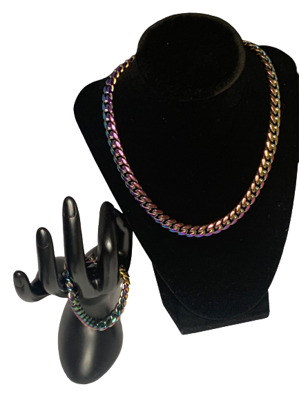 Iridescent Cuban Chain and Bracelet Set