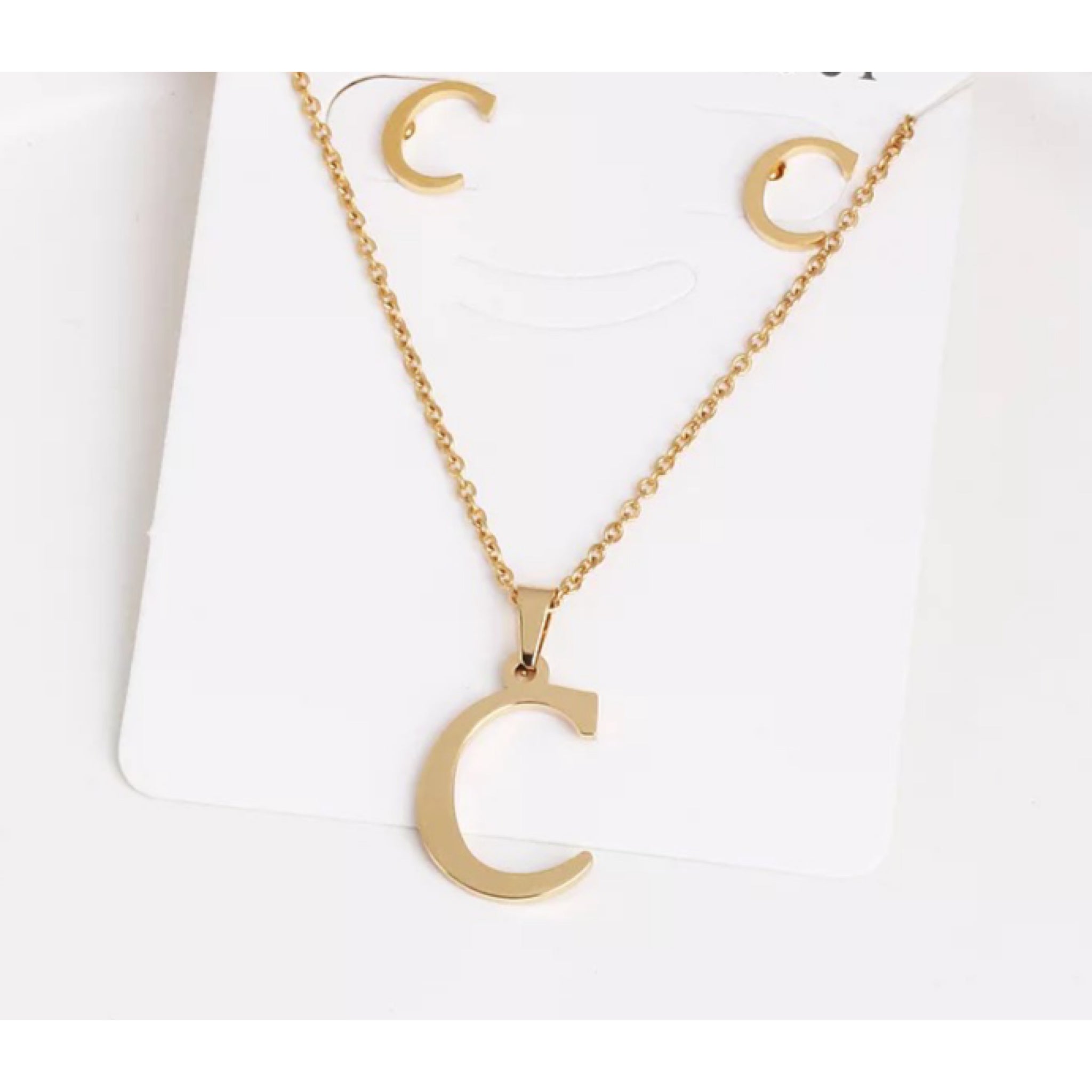 Solid Initial Letter Necklace and Earring Set